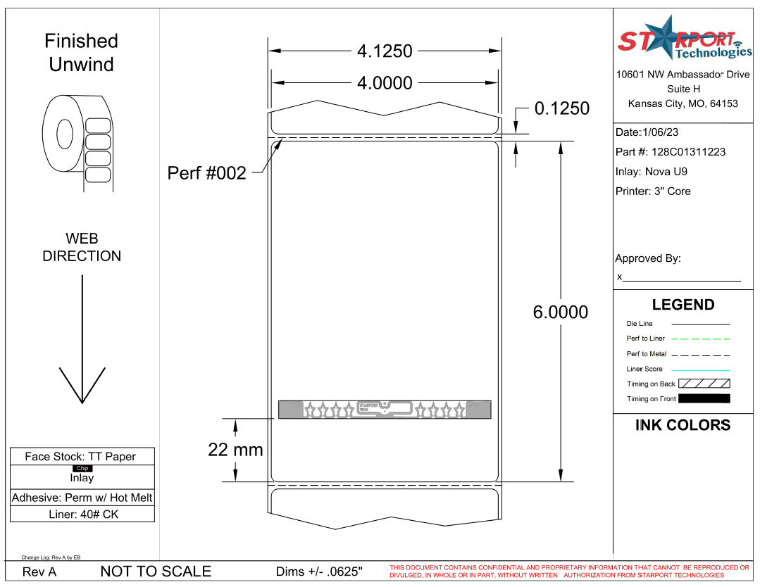 4' x 6' TT Paper RFID Label - 3' Core - 1000 Labels / Roll